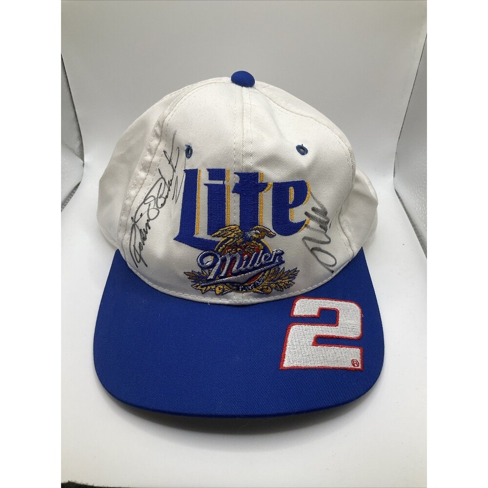 NASCAR 2x Autographed Earnhardt #2 Miller Lite Rusty Wallace Snap Back Cap RARE